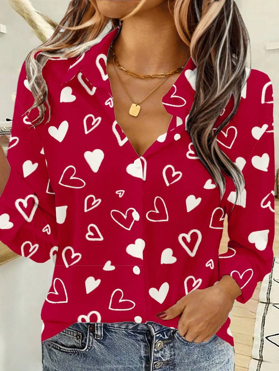 EMERY ROSE Casual Heart Graphic Loose Open Front Blouse For Women, Summer Valentine's Day Going Out Tops