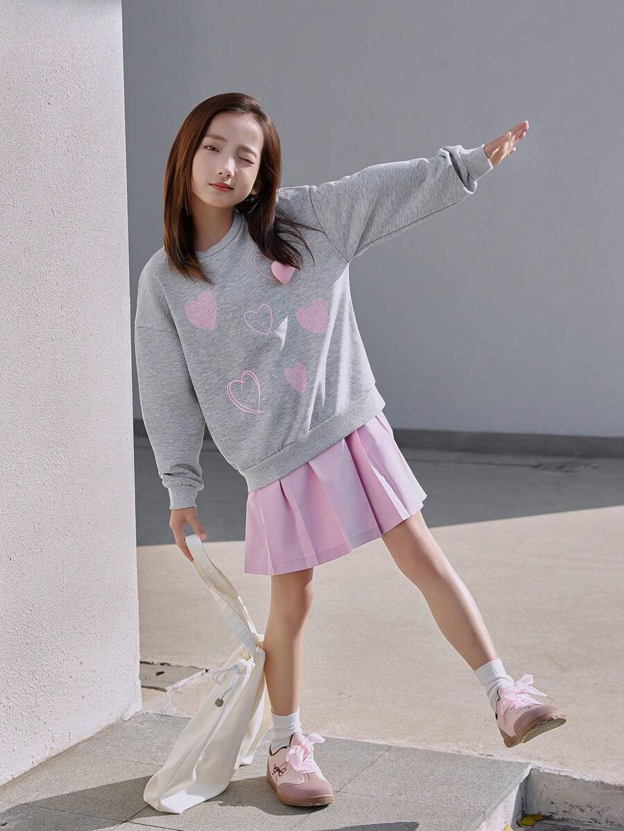 2pcs/Set Young Girls Fashion Digital Pink Heart Print Hoodie With 3D Heart Decor & Pleated Mini Skirt, Spring/Autumn