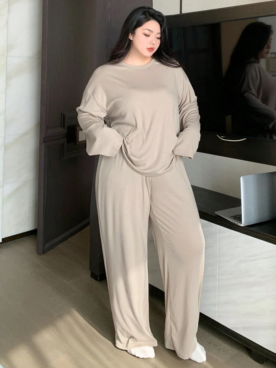 Dazy Plus Ensemble de pyjama à col rond unicolore et ample, vêtements de nuit pour toutes les saisons