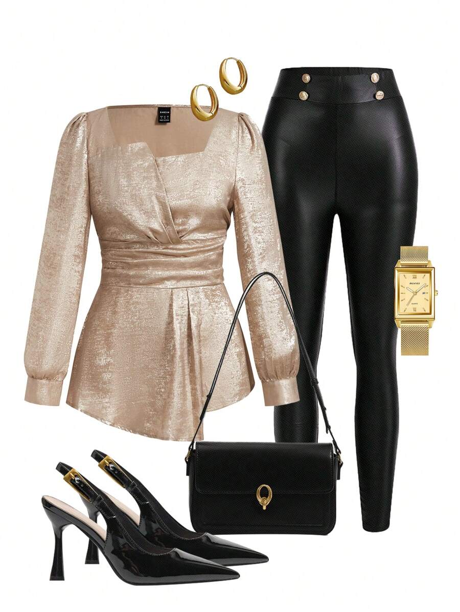 Ellevyn Women Gold Asymmetrical Hem Shirred Collar Long Sleeve Blouse, Elegant For Daily Wear, Autumn/Winter
