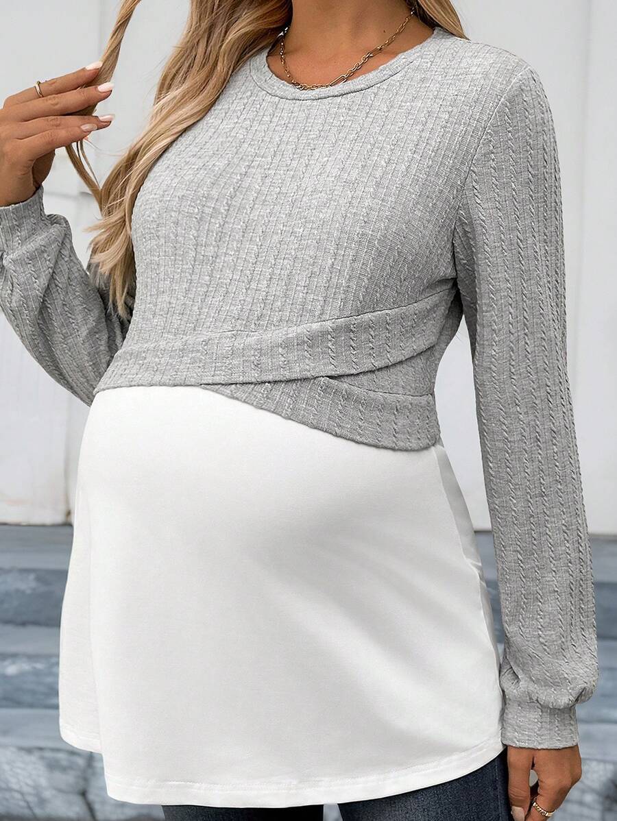 SHEIN Maternity Autumn Casual Color Block 2 In 1 Sweatshirt