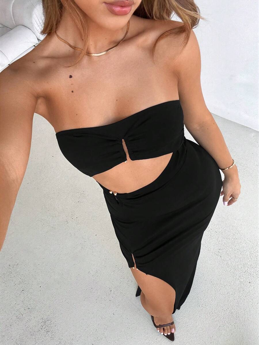 Aloruh Women's Elegant Vacation Business Commuting Banquet Dinner Music Festival Party Date Black Dress Metal Button High Slit Hollow Corset Dresssolid Color Holiday Maxi Dress Knitted Long Bodycon Dress