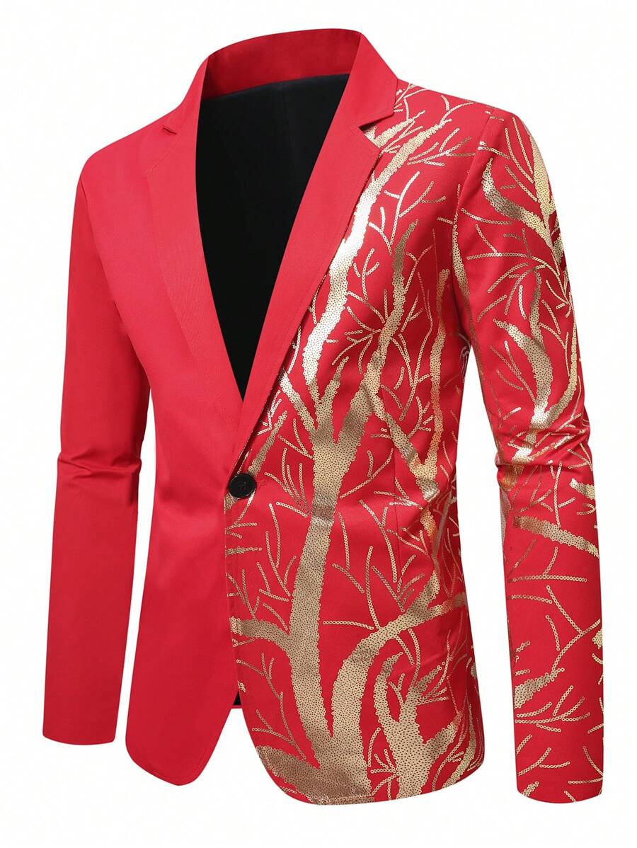 Manfinity Mode Chaqueta de traje con estampado de plantas en la solapa y manga larga de moda para hombre de talla grande