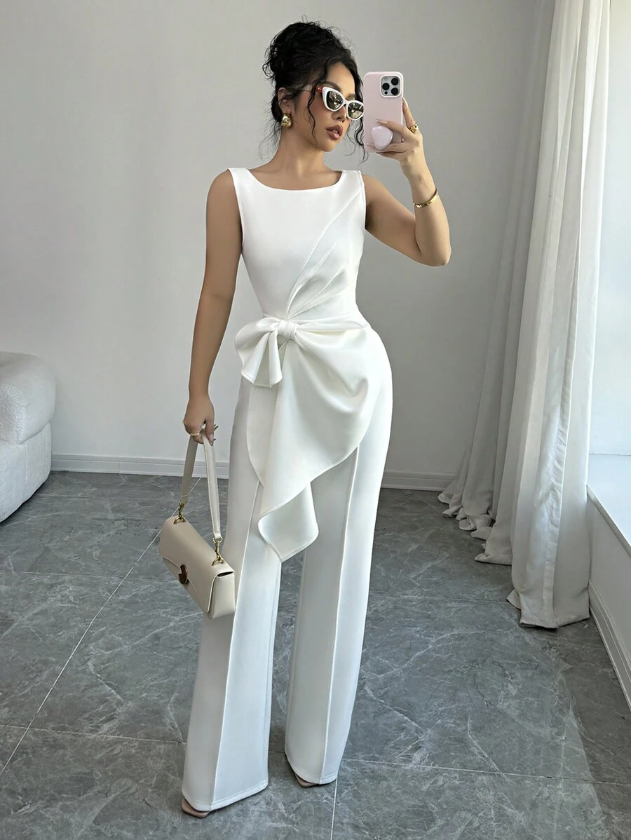 Elenzga Conjunto de top sin mangas y pantalones de pierna ancha, en color blanco elegante, con un ajuste delgado y favorecedor, un conjunto de moda