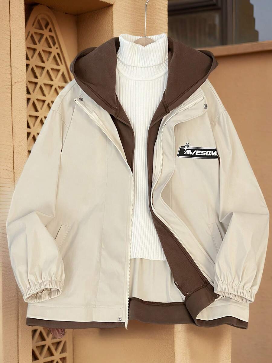 SHEIN Chaqueta ligera y cómoda de estilo universitario casual para adolescentes varones, práctica y versátil, con diseño a color por bloques con estampado de letras lindo, apropiada para uso diario, escuela, salidas y deportes en otoño e invierno