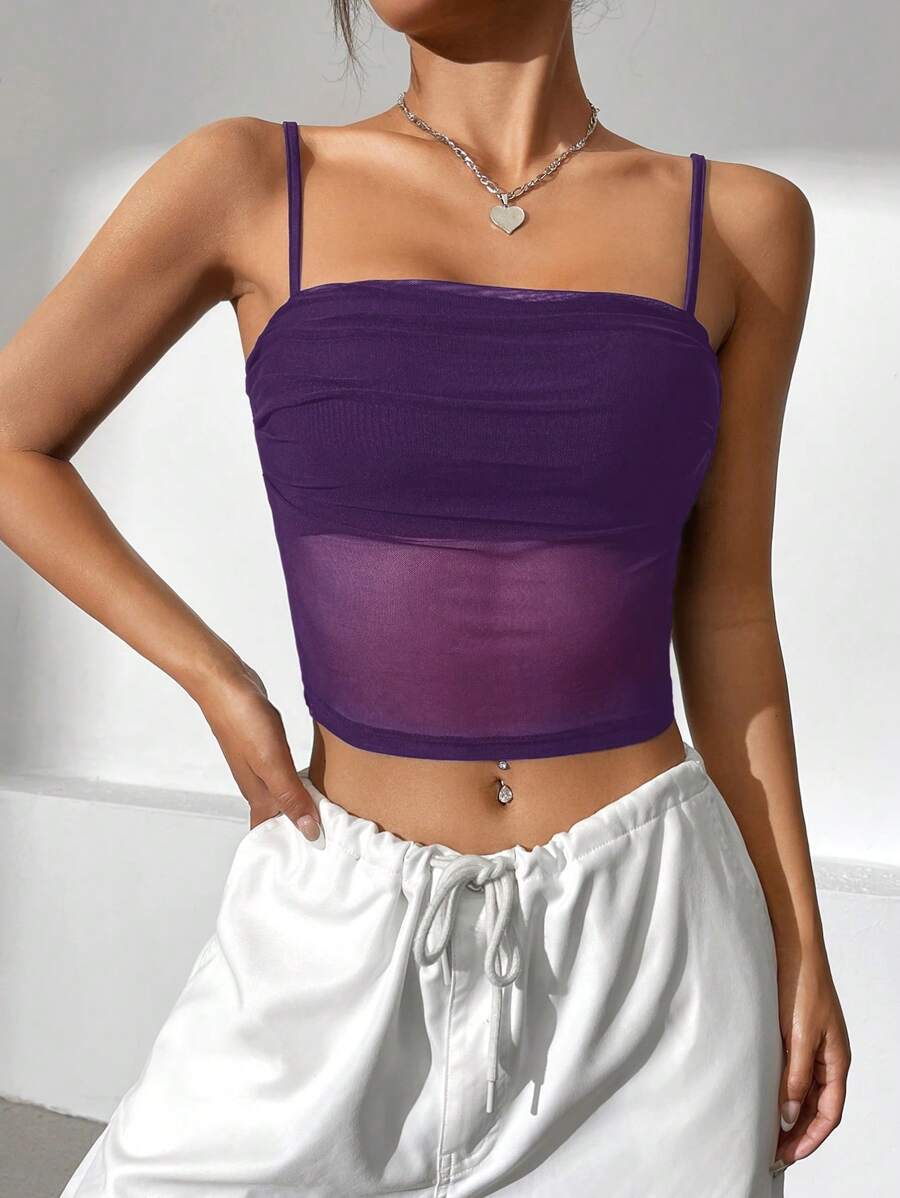 SHEIN EZwear Summer Black TopContrast Mesh Crop Cami Top