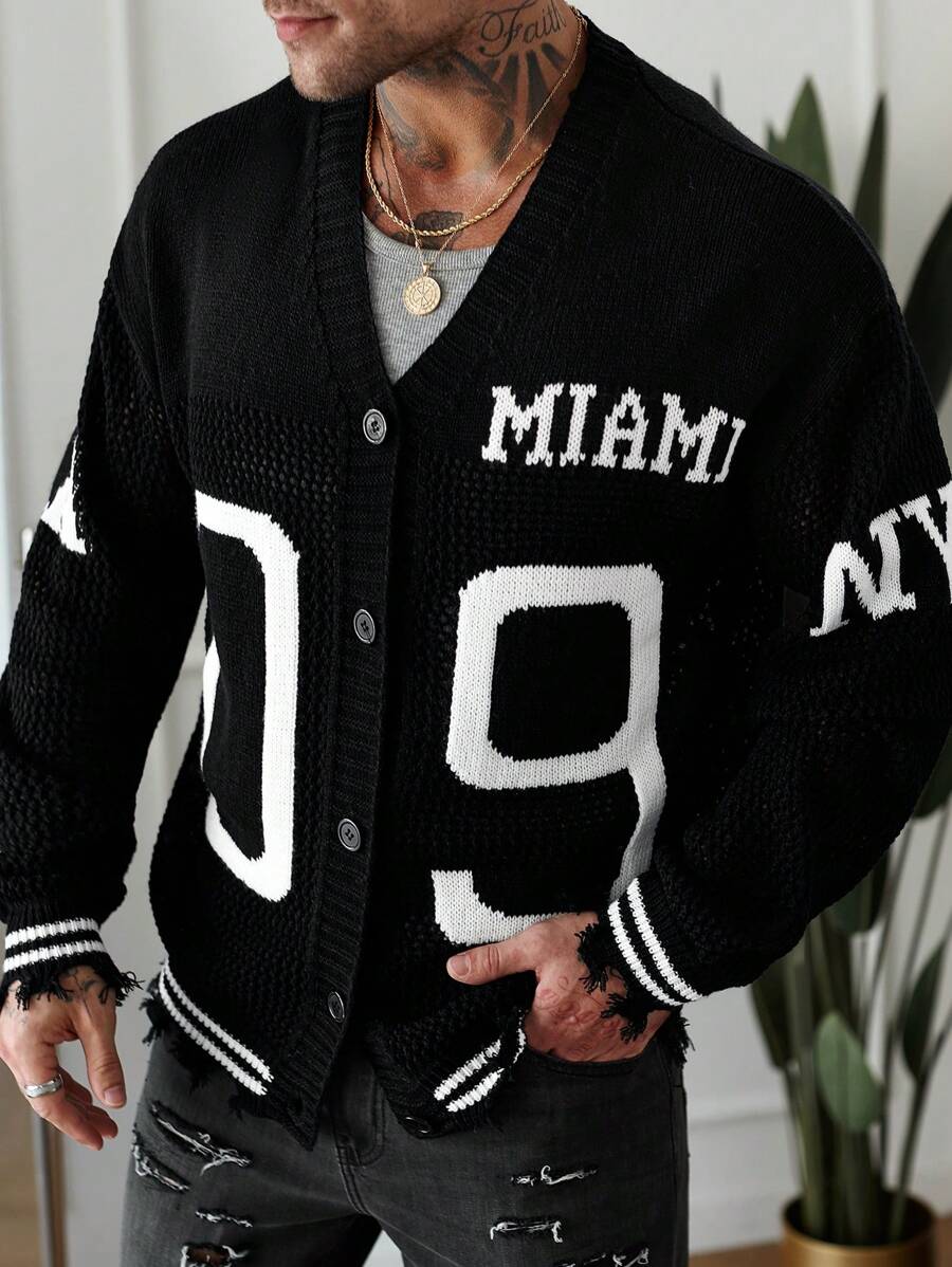 Manfinity Hypemode Men's Casual Button-Up Cardigan With Number Print, Long Sleeve For Autumn/Winter