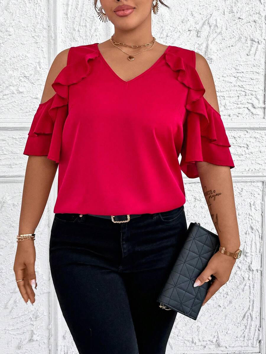 SHEIN Clasi Plus Size Women Solid V Neck Off Shoulder Tulip Ruffle Sleeve Elegant Romantic Valentine's Day Party Blouse