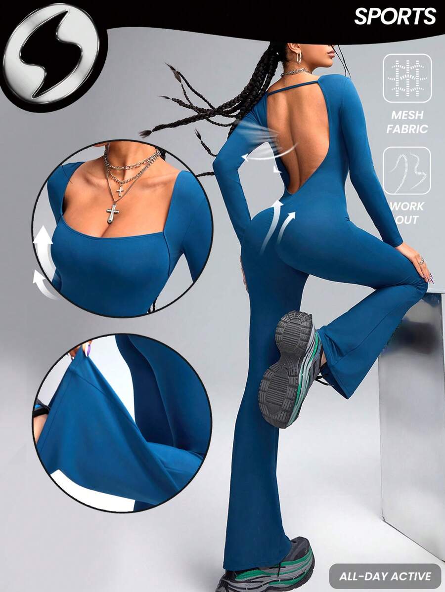 Innovista Damen Langarm sexy rückenfrei figurbetonter Jumpsuit mit weitem Bein, schwarzer Jumpsuit Workout, Jumpsuit für Frauen, Jumpsuit, Tennis Damen Outfits, Bauchformende & Po-hebende Jumpsuit-Shorts, Yoga, Gym, Motorrad, Spandex, Herbst-Winter-Bekleidung, Pilates, Outdoor Yoga