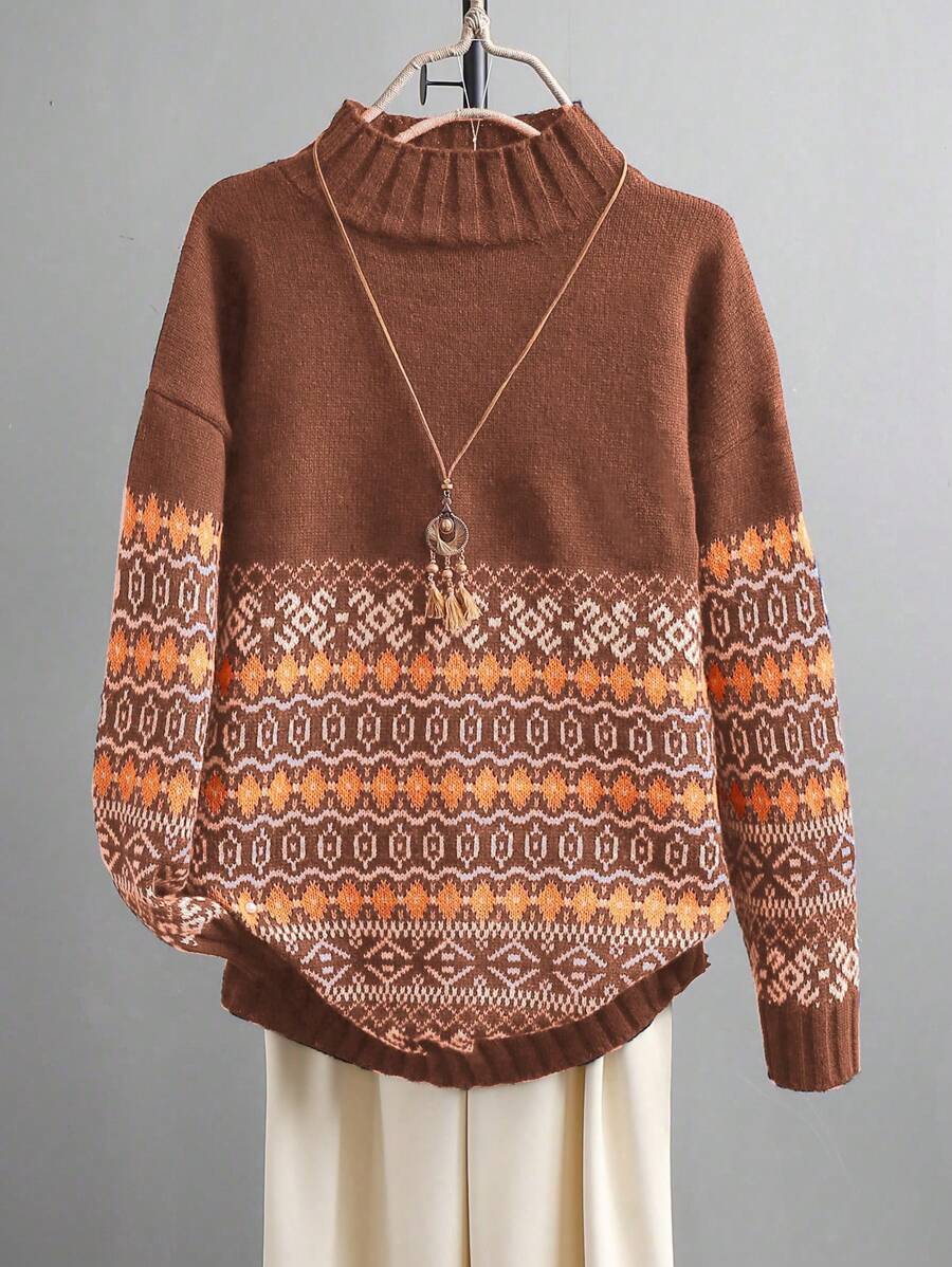 SHEIN LUNE Damski sweter retro casualowy z dzianiny wielokolorowej żakardowej w kolorze brązowym, odpowiedni na Halloween, Nowy Rok, Walentynki, Święto Dziękczynienia, Boże Narodzenie, Wielkanoc, Święto Narodowe, Bal, Sylwestra, Duży rozmiar, Jesień/Zima