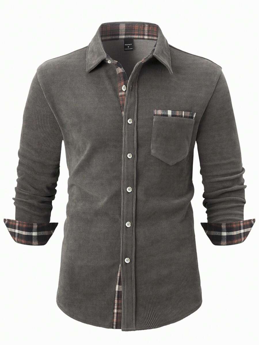 Manfinity Homme Camisa casual de manga larga con bolsillo y botones de unicolor para hombres de talla grande