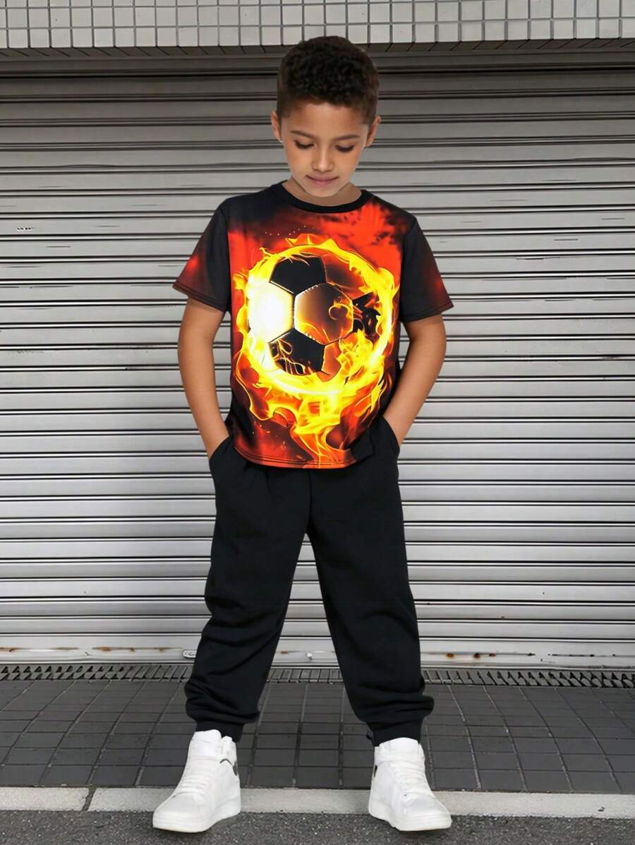 2pcs/Set Tween Boy Casual Sports Football Graphic Crewneck Short Sleeve T-Shirt And Pants Set, Suitable For Commuting, School, Daily, Vacation, Sports, Spring/Summer/Autumn