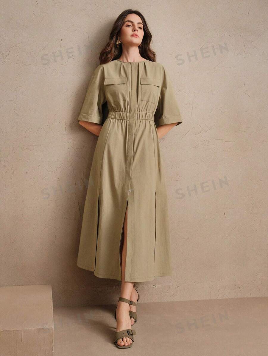Anewsta Vestido midi de cuello redondo con manga corta y definición de cintura, estilo informal de negocios adecuado para primavera y verano