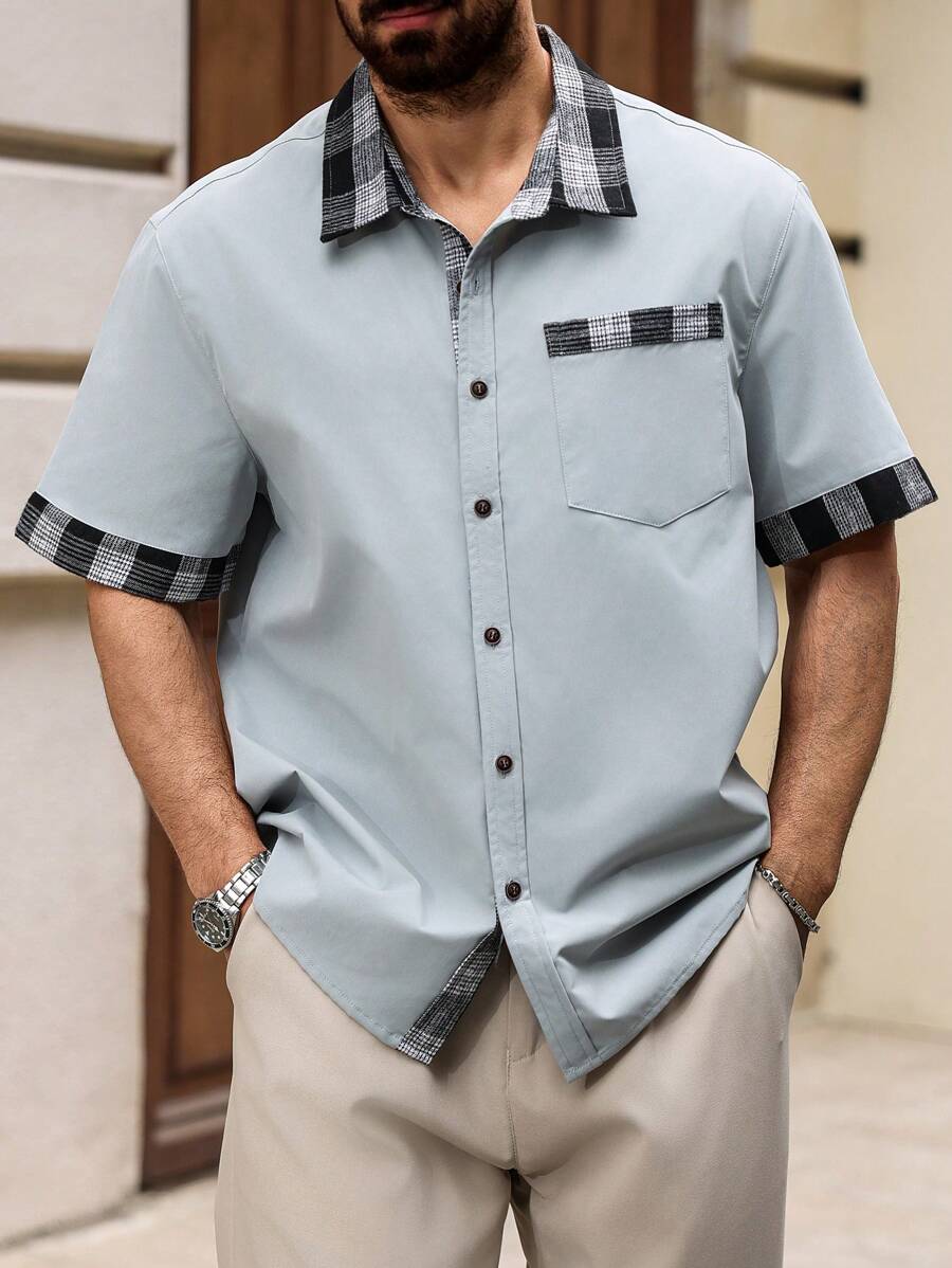 Manfinity CasualCool Camisa casual de manga corta de una sola de botones con bolsillo y estampado de cuadros en tallas grandes para hombre