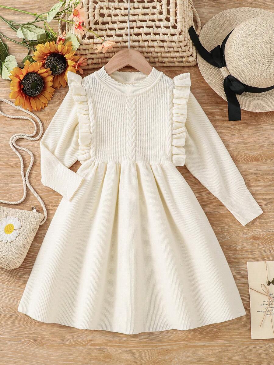 Young Girl Solid Color Ruffle Collar Puff Sleeve Sweater Dress