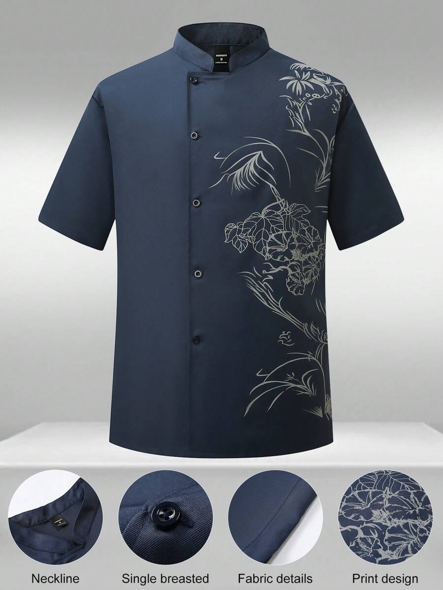 Manfinity Homme Men's Floral Print Short Sleeve Single-Breasted Chef Shirt Men Work Shirts