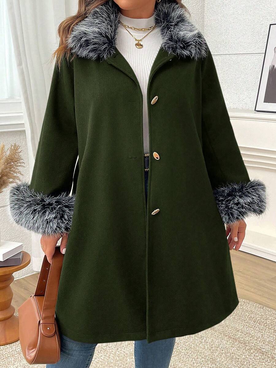 SHEIN LUNE Plus Size Women Autumn/Winter Patchwork Faux Fur Long Sleeve Single-Breasted Elegant Woolen Coat