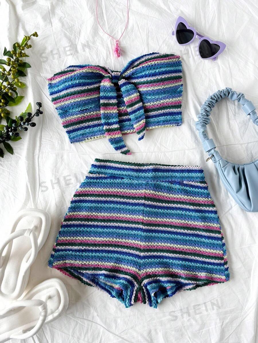 Soleia Conjunto de 2 piezas de top corto bandeau y shorts de cintura alta, conjunto de vestimenta para playa
