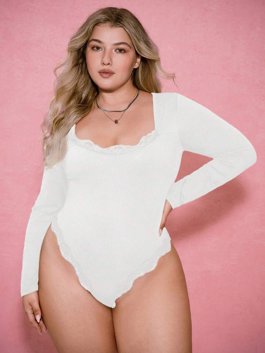 SHEIN EZwear Bodys slim de talla grande para mujer con cuello redondo, unicolor y parches de encaje