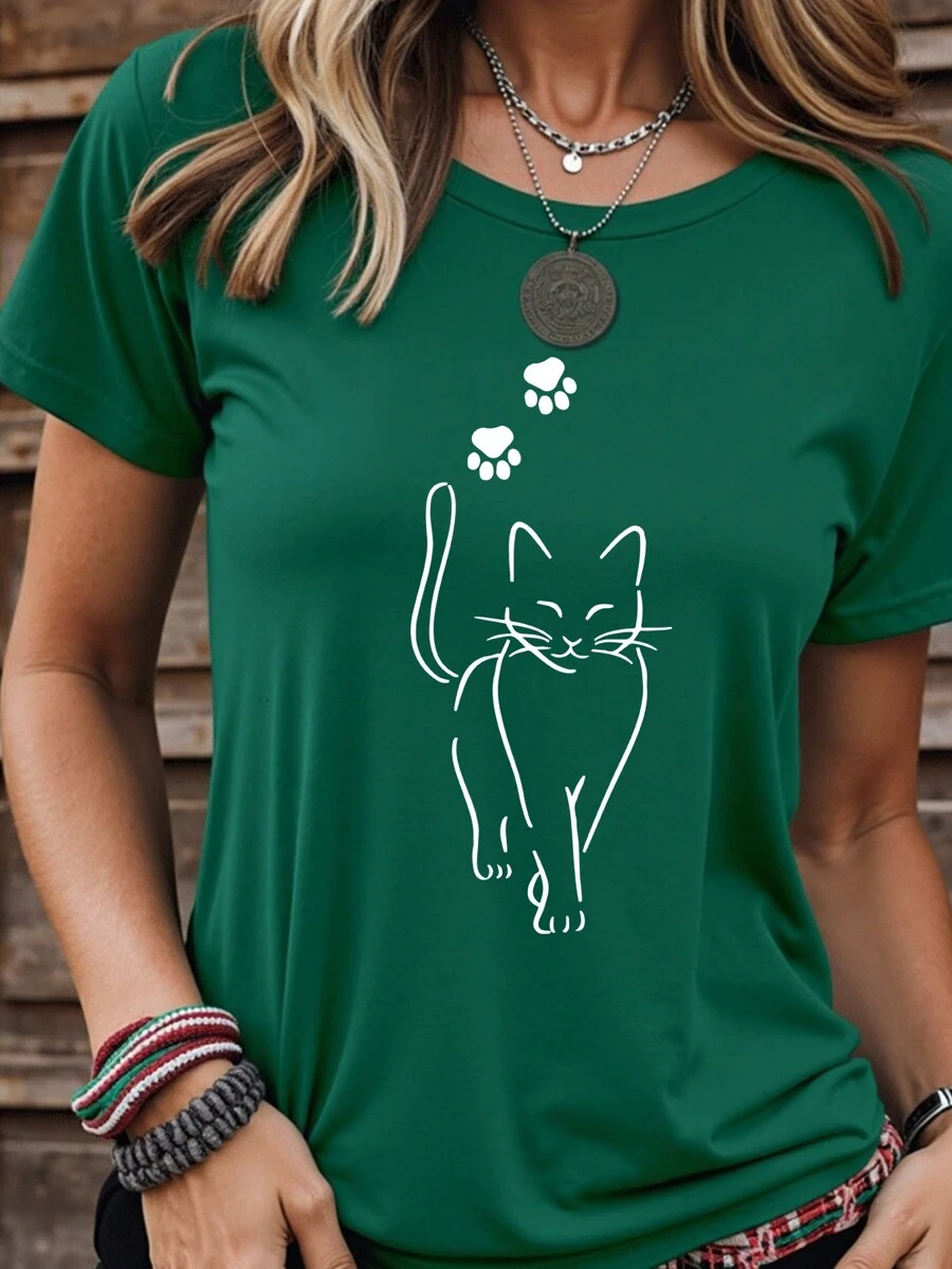 INAWLY Camiseta casual de manga corta de cuello redondo con estampado de gato de dibujos animados para mujeres