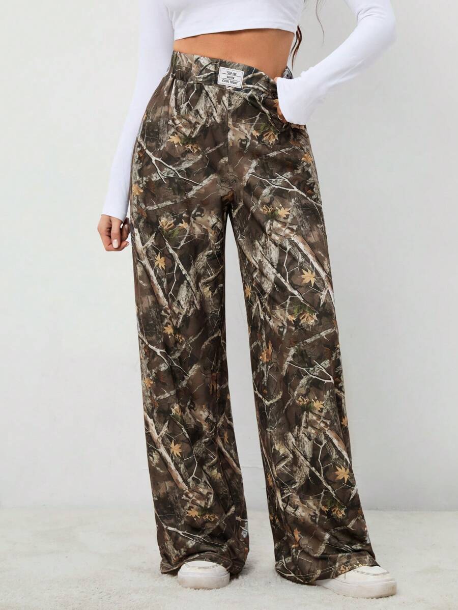 SHEIN Tall Women's Basic Knitted Camouflage Stretch Comfort Army Green Wide Leg Sweatpants