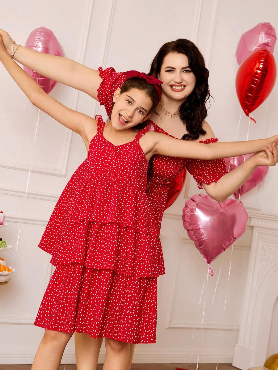 SHEIN 1 pieza Vestido elegante de estilo pastel con estampado floral rojo y tirantes para niñas preadolescentes de estilo casual y moderno, juegos de ropa a juego familiar (se venden por separado 2 piezas)