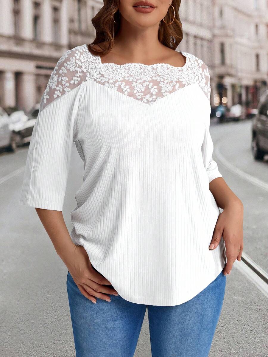 EMERY ROSE Plus Size Women's Teacher Clothes Loose Fit Mesh Patchwork 3/4 Sleeve T-Shirt, Spring/Summer