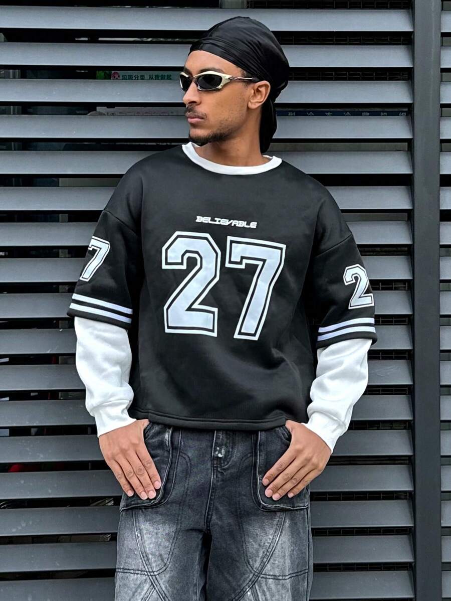 Sudadera con capucha casual de hombre con cuello redondo, de unicolor, parches y estampado de números de manga larga