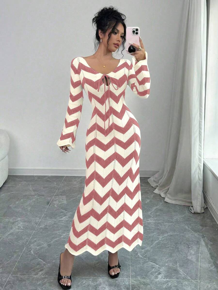 Calvaya Women's Striped Tie-Up Long Sleeve Casual Long Knitted Sweater Dress