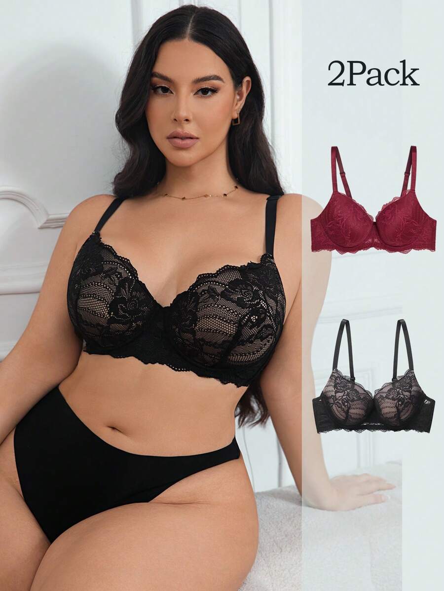 2pcs Plus Size Women Lace Comfortable Bra Set