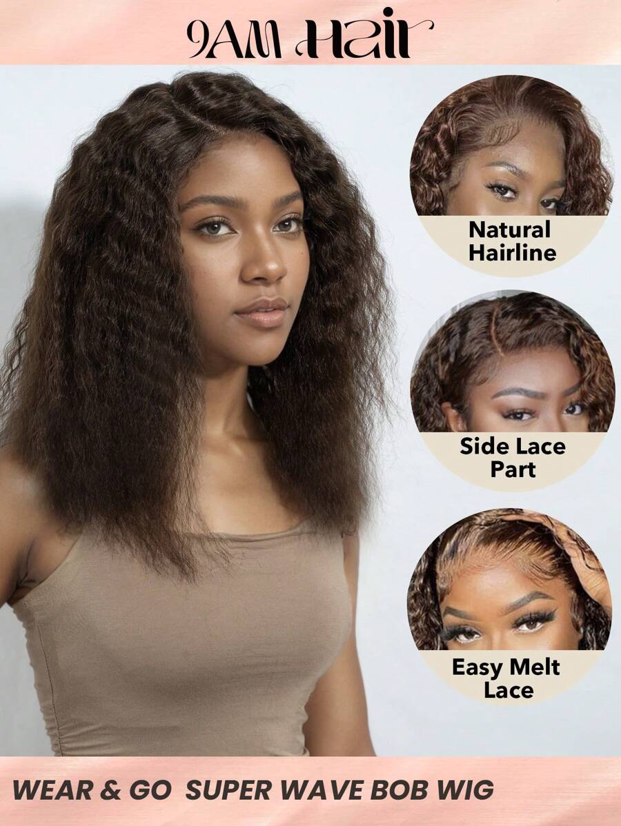 Brown Curly Bob Wig Human Hair Glueless Transparent Lace Front Bob Wig Deep Wave Pre Cut Wear & Go Bob Wig Pre Plucked Short 14 Inch