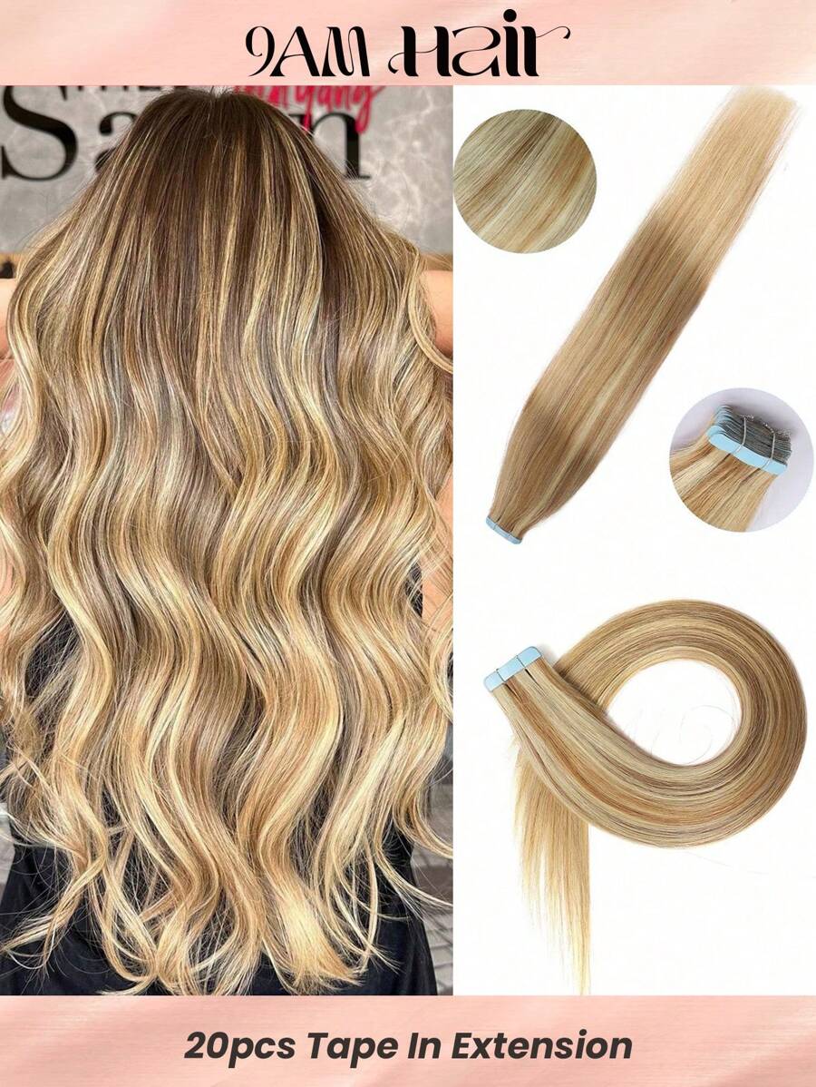 20 piezas de extensiones de cabello humano 100% con cinta adhesiva para salón, sedosas, sin costuras, invisibles, degradado dorado cenizo mezclado con rubio blanqueado para resaltar el cabello fino de mujer, extensiones de cabello con cinta adhesiva