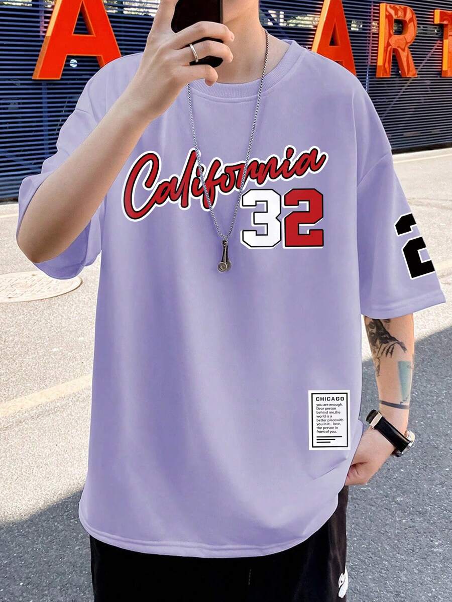 Manfinity Homme Men's Letter Print Crew Neck Drop Shoulder Casual T-Shirt