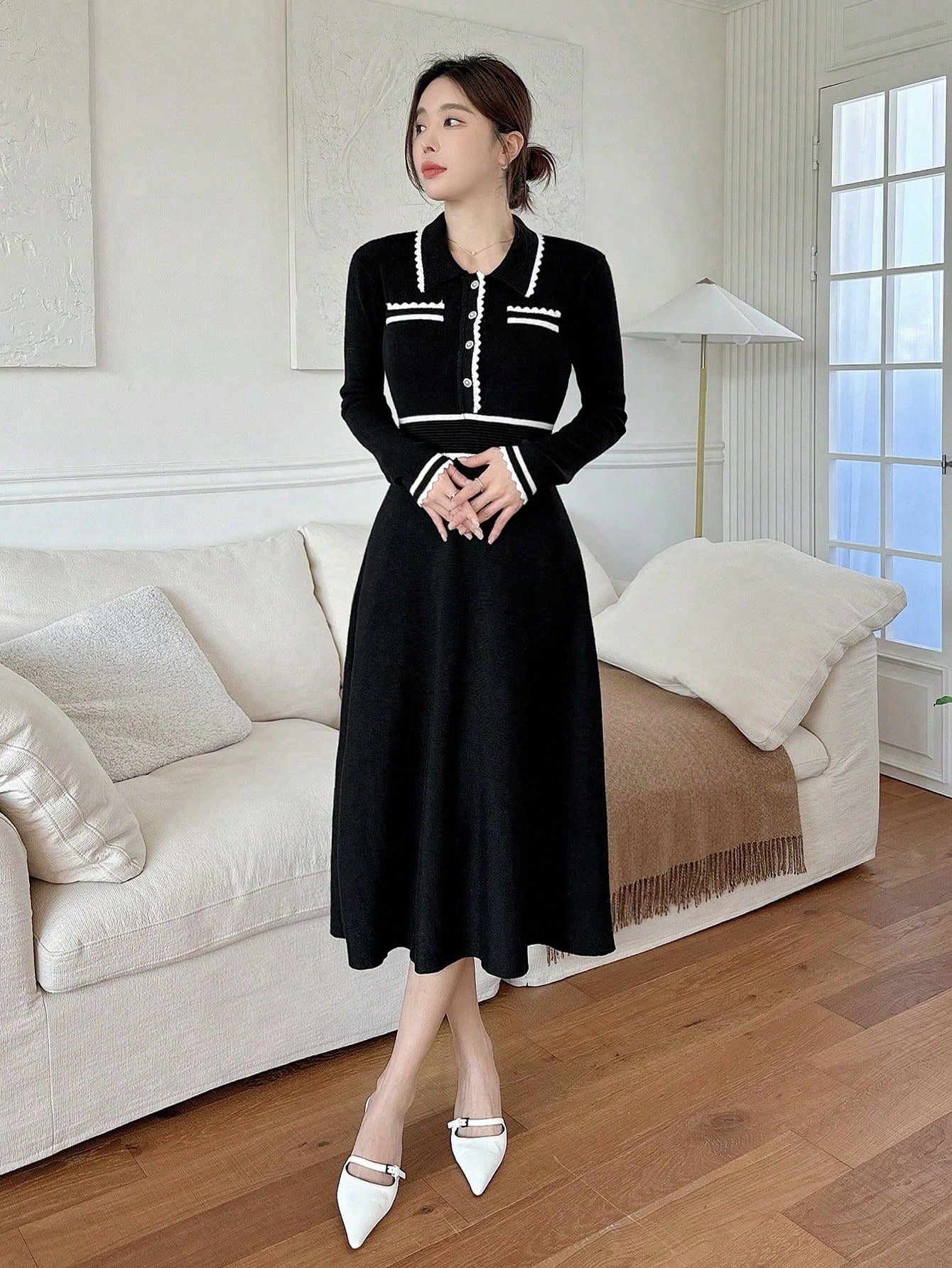 レディース カラーブロック ボタン ハーフプラケット 長袖 エレガント