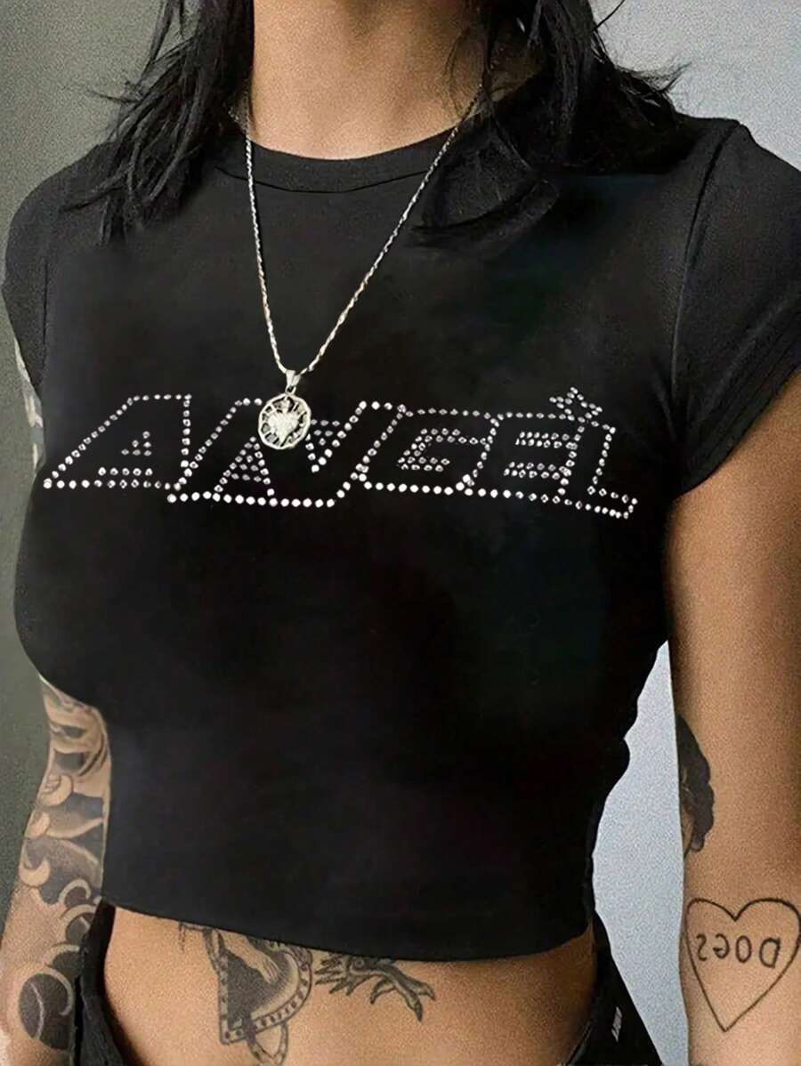 SHEIN Coolane Women's Black Crew Neck Short Sleeve T-Shirt With Rhinestone Decor, Casual Outdoor Wear, Spring/Summer