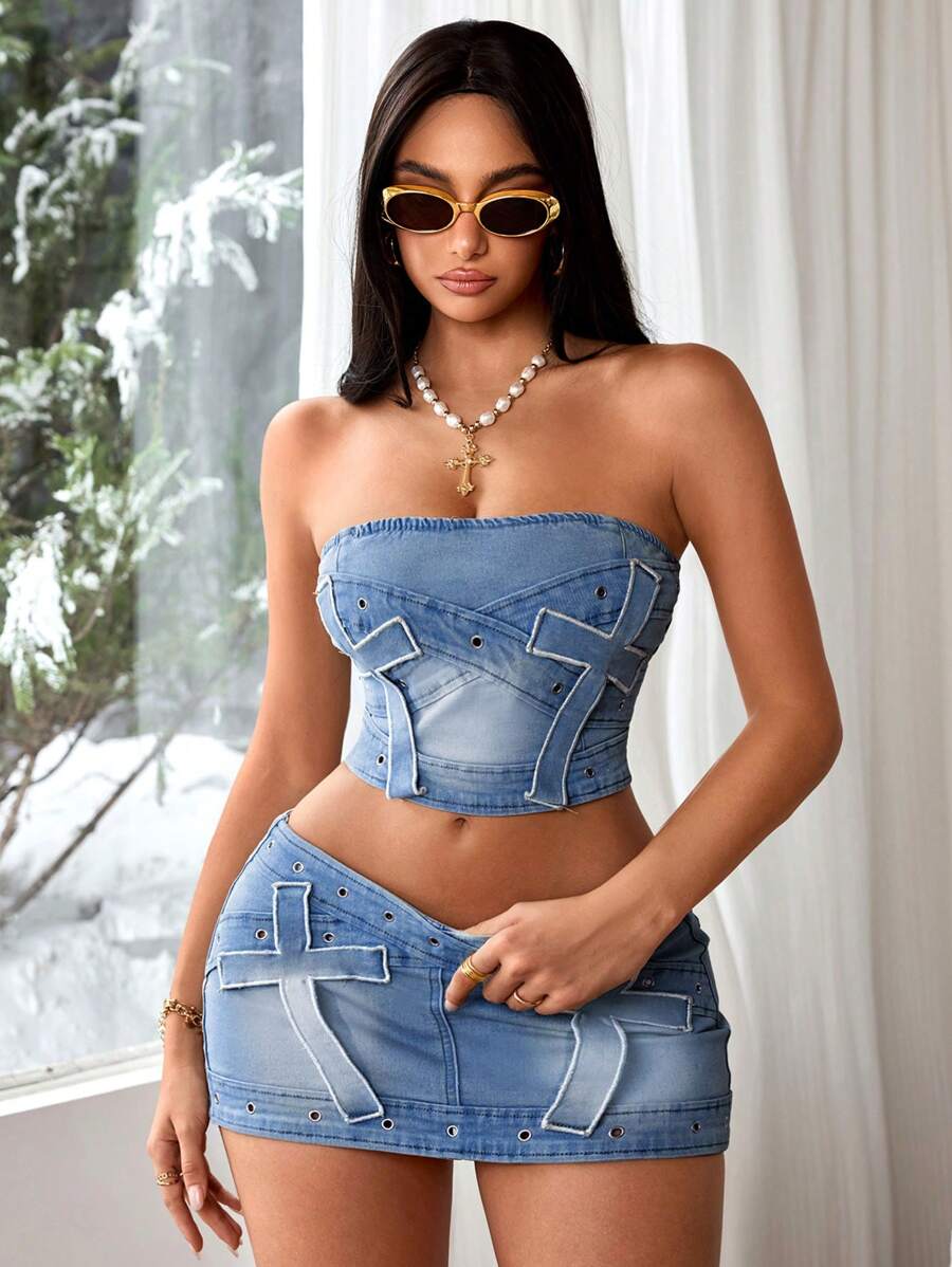 SHEIN ICON Women's Sexy Grommet Detail Tube Top Denim Blouse