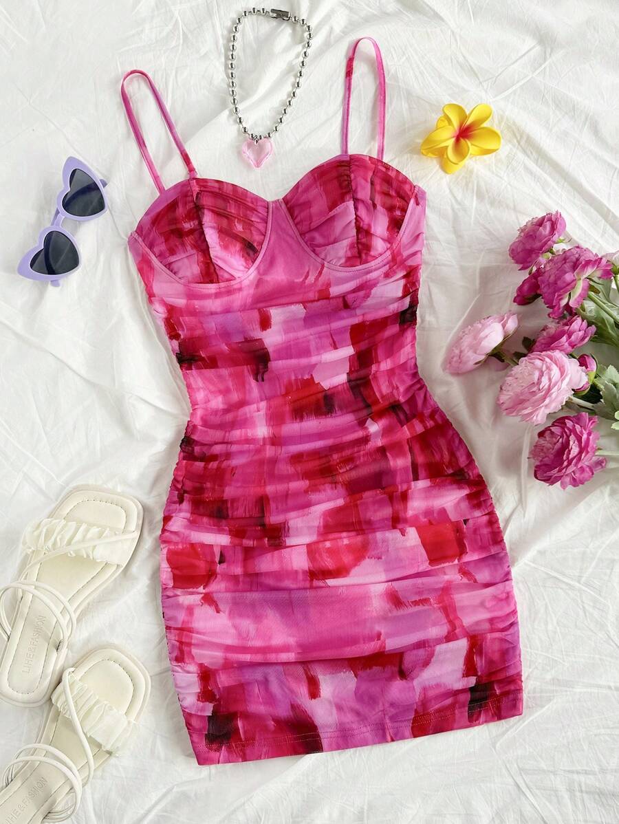 Soleia Women's Tie-Dye Color Block Ruched Mini Cami Dress, Suitable For Vacation,Dress For Women,Vacation Dress Women,Birthday Dress For Women,Spring/Summer Dress For Women,Mardi Gras,Western Wear Woman,Mesh Dress,90s Clothes,Easter Dress Women,Graduation Dress,Beach Dress For Woman,Music Festival Outfit Women