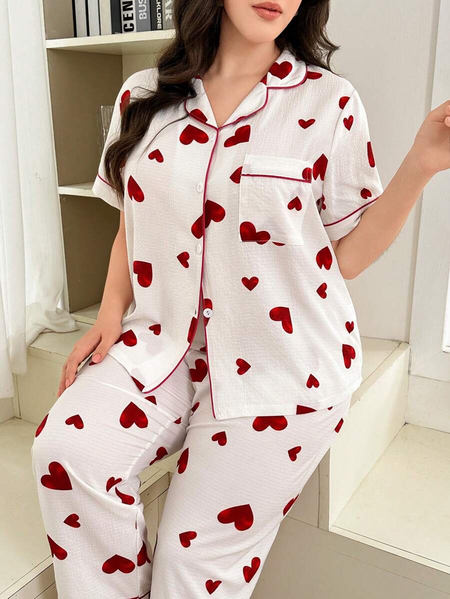 Dream Adore Ensemble robe et pyjama grandes tailles, imprimé cœur aquatique, chemise à manches courtes rouge et pantalon long