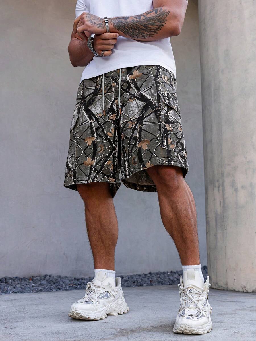 Manfinity LEGND Men's Branch Print Drawstring Waist Loose Denim Shorts