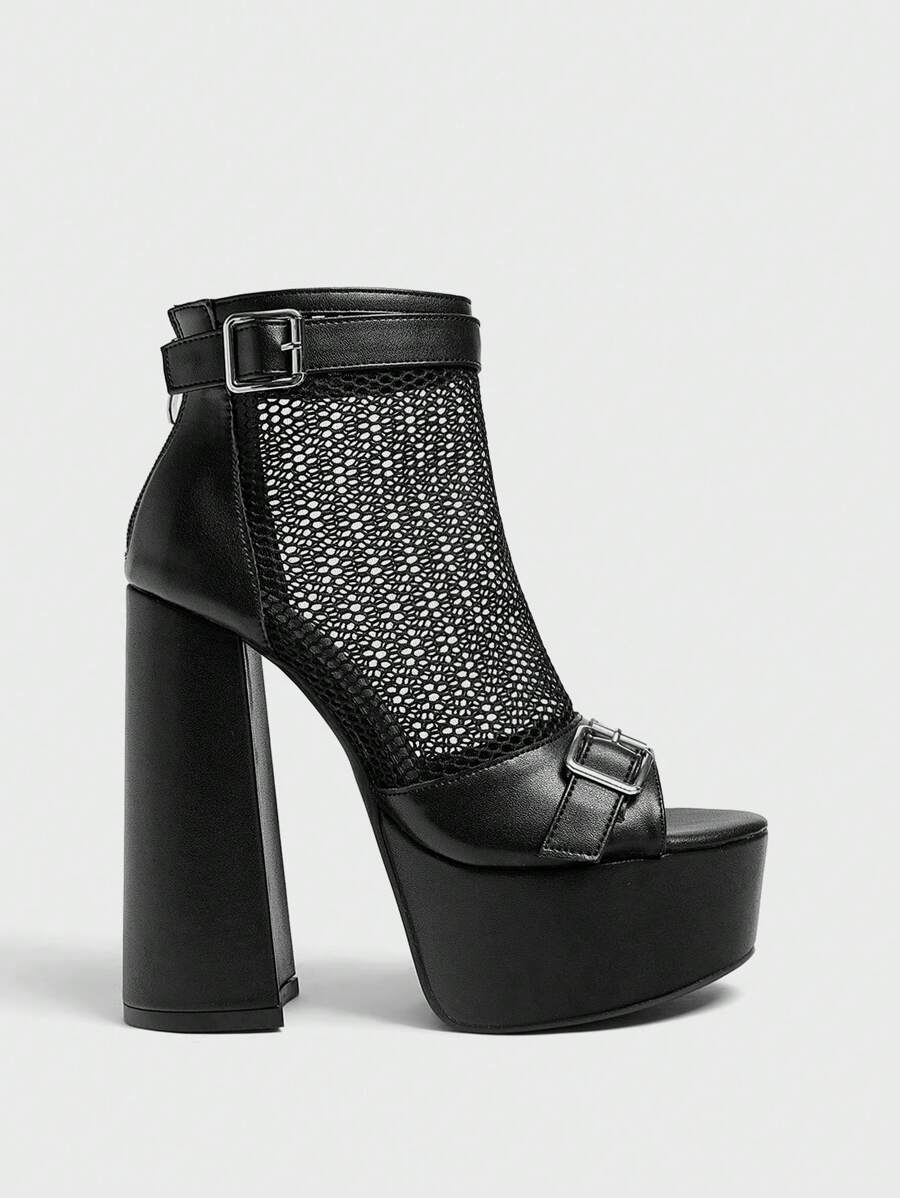 Cuccoo CUCCOO LuxiPop Bottes de cheville à la mode pour femmes, imperméables, à plateforme et talons hauts épais, avec mesh noir à l'avant, parfaites pour les fêtes du Nouvel An