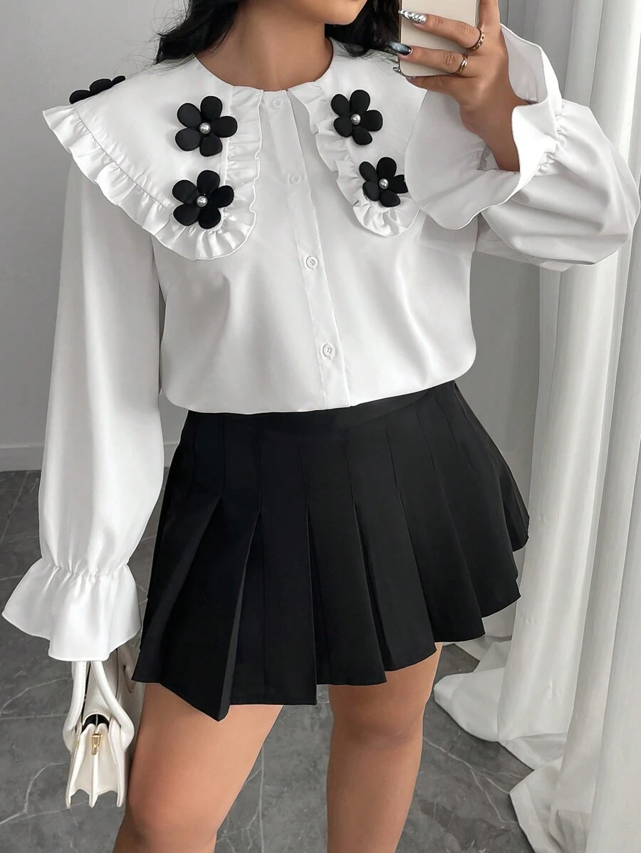 Celure Plus Size Elegant Blouse With Large Lapel, Rivet Cuff, Ruffle Trim
