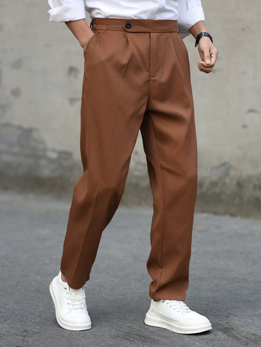 Manfinity Mode Men's Solid Color Button Pocket Plain Casual Suit Pants