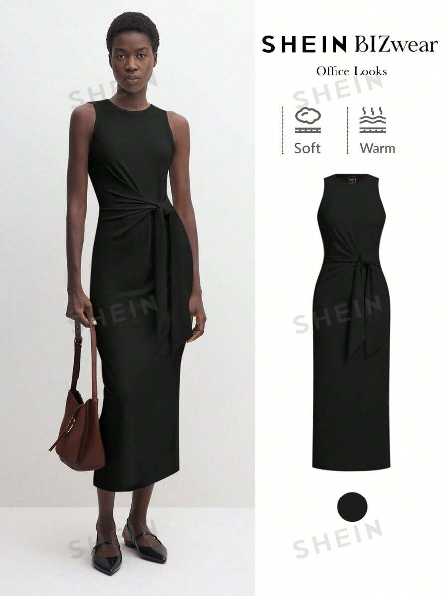 BizChic Vestido de verano 2025 nuevo con diseño de corbata a la cintura, cuello redondo sin mangas, color negro. Vestido informal y elegante para uso diario, adecuado para invitados de boda, festivales de música country, brunch, atuendo de aeropuerto, estilo retro de los 90 de Estocolmo, 4 de julio