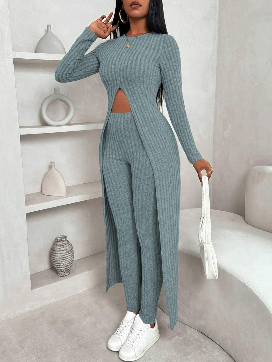 VaVaBold 2 pièces/set T-shirt à fente maxi côtelé en molleton et pantalon, vêtements d'hiver, ensembles de pulls, manches longues, ajusté, cratères en molleton, tenue de randonnée, hauts d'hiver, leggings d'hiver, ensemble pour femmes, dame élégante, hauts d'automne, vêtements d'hiver, gardez au chaud, manches longues