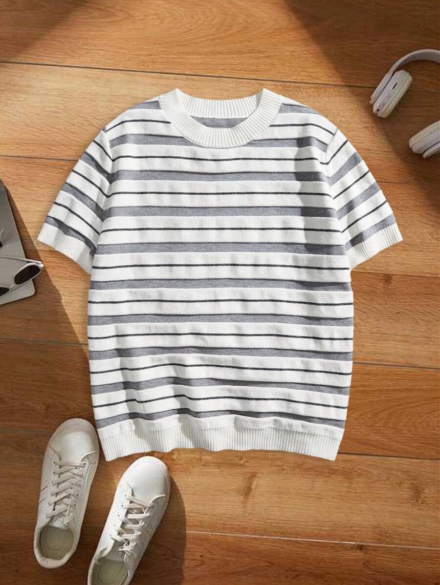 Manfinity VCAY Men's Striped Round Neck Short Sleeve Casual Knit Top, Suitable For Autumn