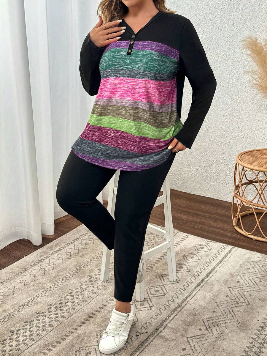 SHEIN VCAY 2 sztuki/zestaw Plus Size Women Striped V-neck Long Sleeve T-shirt I Spodnie Swobodne Ubrania