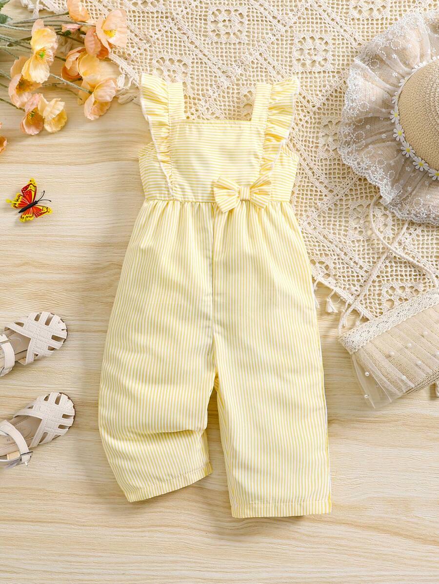 SHEIN Vintaside Kids Mono informal de rayas con volantes, lazo frontal y manga de verano para niña bebé, color amarillo, nueva llegada de primavera/verano