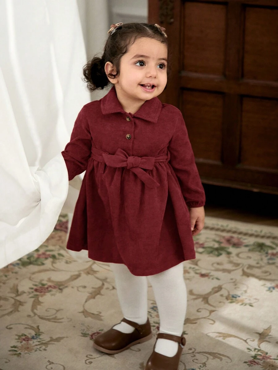 Cozy Pixies Abito casual da bambina con coulisse in vita, maniche a lanterna e collo a revers, in tinta unita, versatile