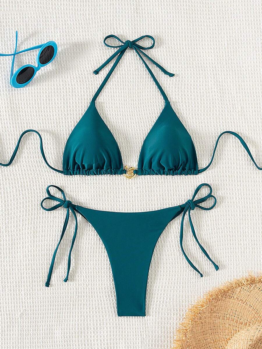 SHEIN Swim Conjunto de bikini sexy de 2 piezas con top de tirante y triángulo, traje de baño y shorts de baño para verano y vacaciones en la playa