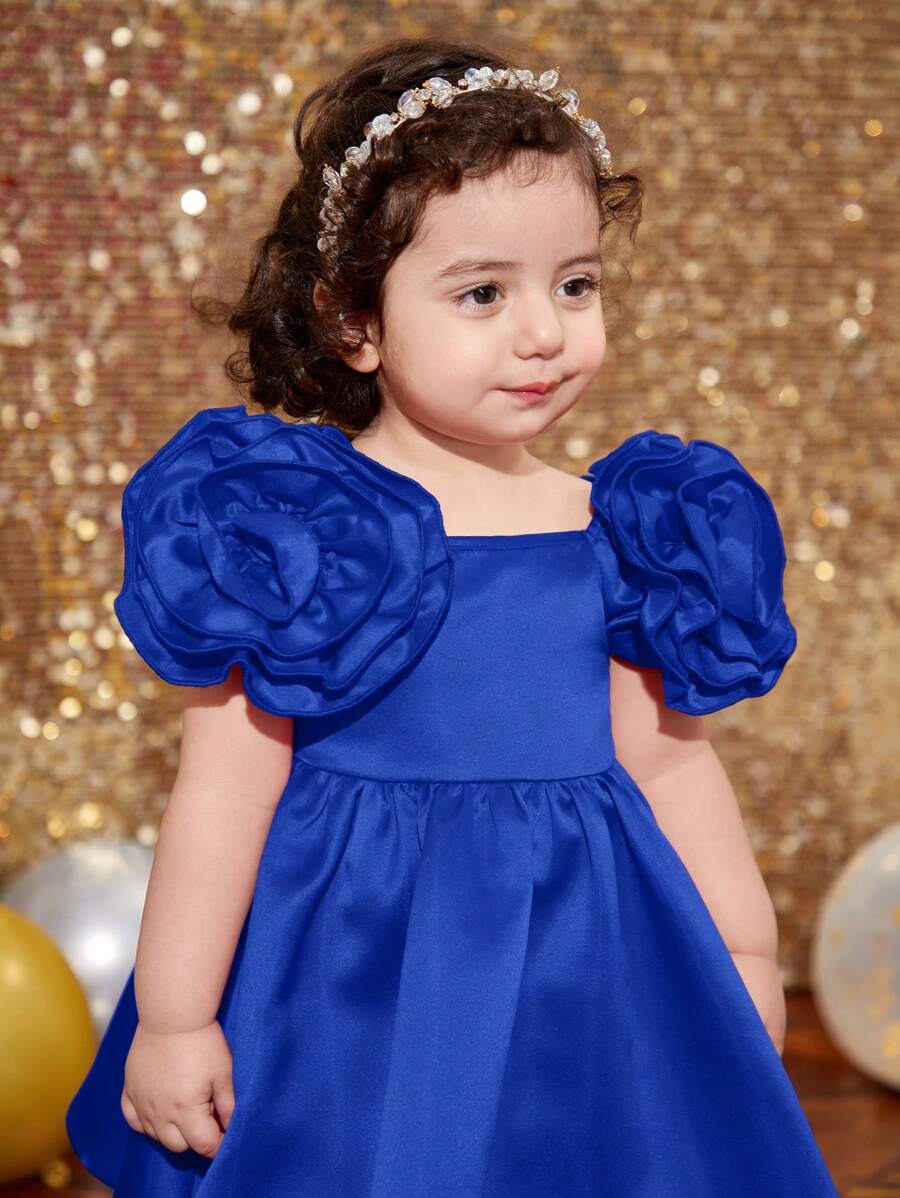 SHEIN Babygirl Ruffled Puff Sleeve Knitted Dress With 3D Floral Decor, Suitable For Party, Baby Shower